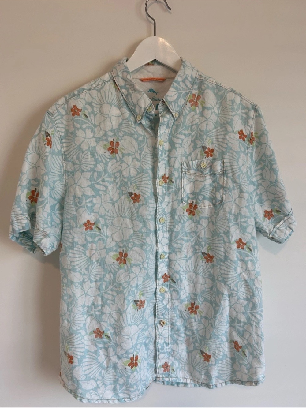 Tommy Bahama Relax Men's M 100% Linen Floral Button-Down Pocket Shirt Blue